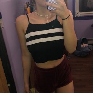 black cropped tank top with white stripes